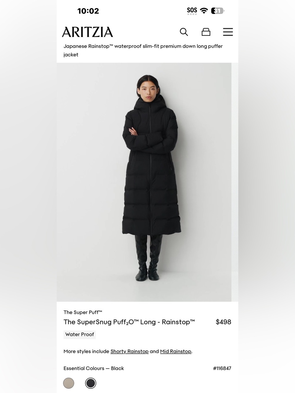 Tna The Super Puff™ The SuperSnug Puff₂O™ Long - Rainstop™ Sz S Black